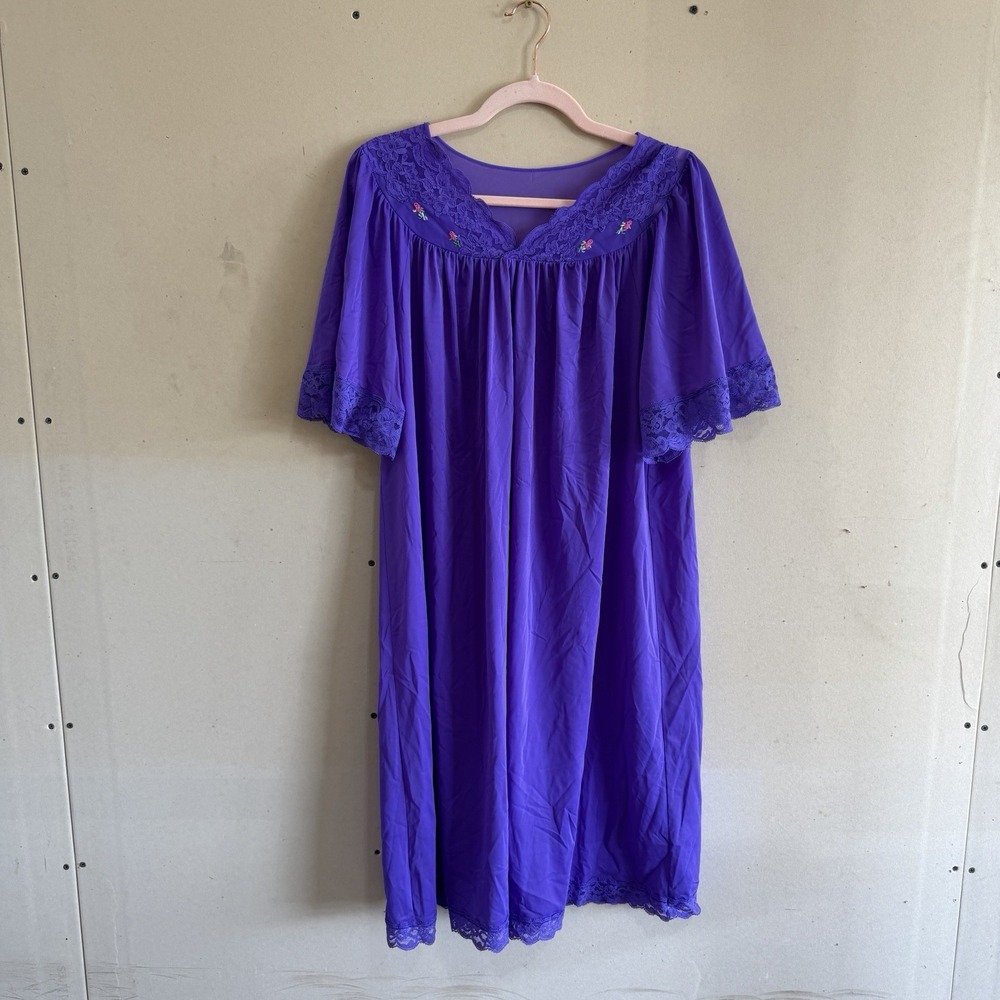 Vintage Shadowline Purple Nylon Nightgown Lace Flutter Sleeve Lingerie L